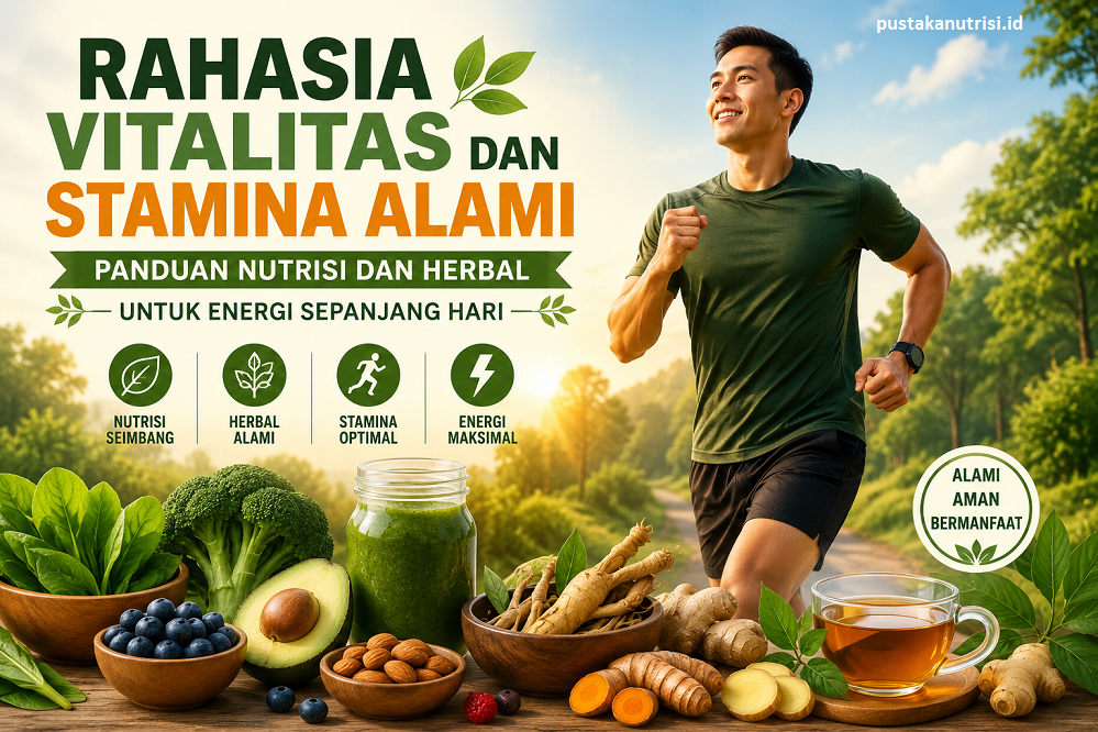 Rahasia Vitalitas dan Stamina Alami melalui nutrisi seimbang dan herbal alami, ditampilkan dengan ilustrasi pria berlari serta aneka makanan sehat seperti jahe, ginseng, kunyit, brokoli, alpukat, dan teh herbal.
