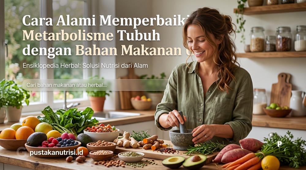 Seorang wanita meracik bahan makanan herbal alami dengan berbagai rempah dan tanaman utuh sebagai bagian dari pola makan sehat untuk mendukung metabolisme tubuh.
