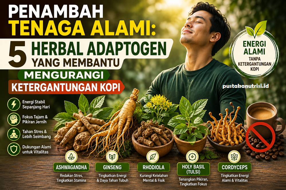 Penambah tenaga alami dengan 5 herbal adaptogen seperti ashwagandha, ginseng, rhodiola, tulsi, dan cordyceps untuk membantu mengurangi ketergantungan kopi serta menjaga energi dan stamina secara alami.