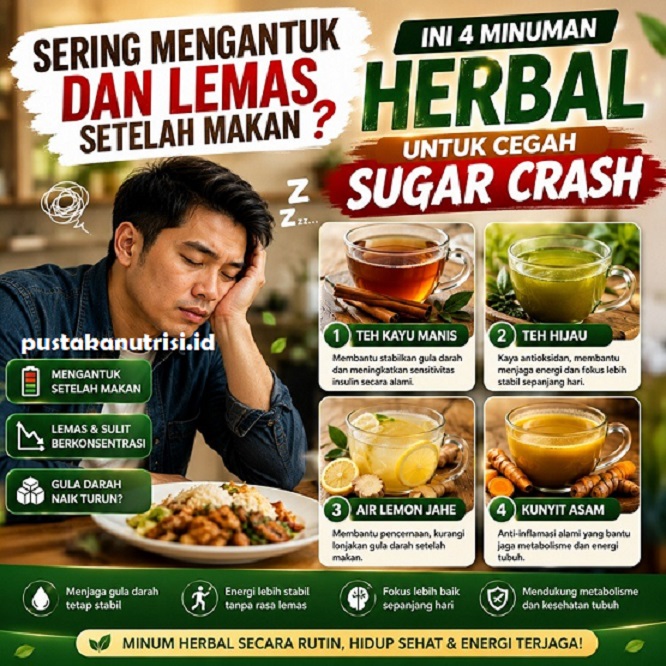 Sering mengantuk dan lemas setelah makan? Ilustrasi 4 minuman herbal yaitu teh kayu manis, teh hijau, air lemon jahe, dan kunyit asam untuk membantu mencegah sugar crash secara alami