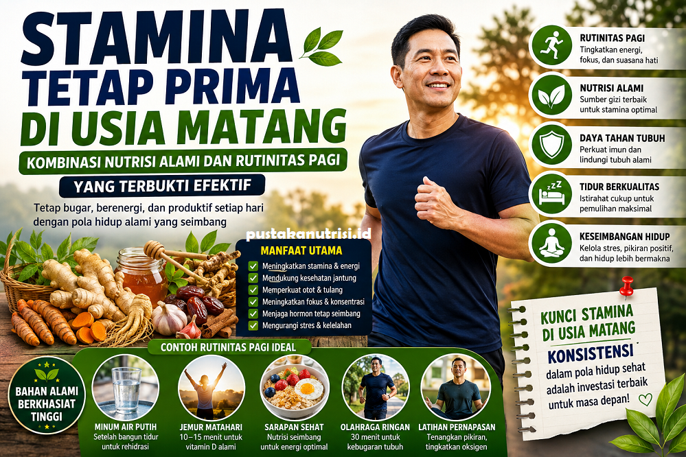 Stamina tetap prima di usia matang melalui nutrisi alami, olahraga pagi, sarapan sehat, dan gaya hidup sehat.